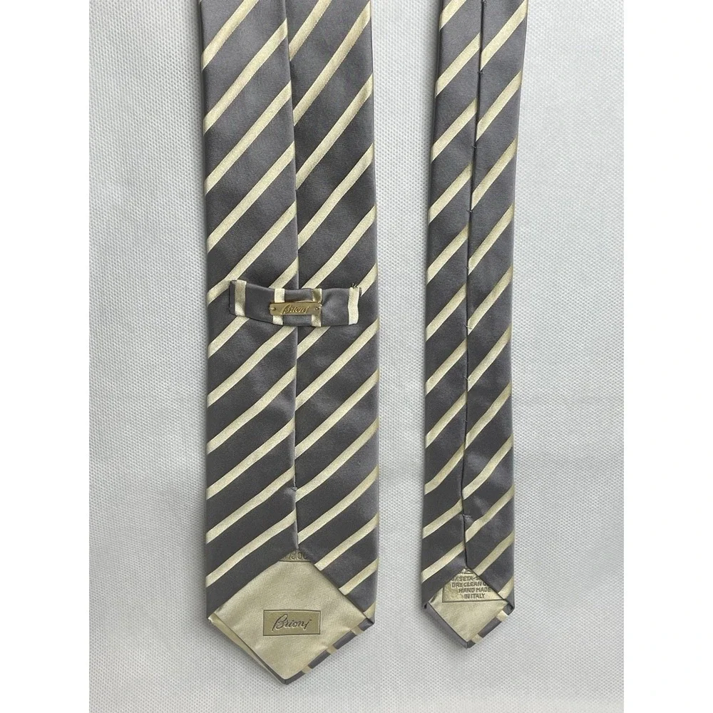 Brioni Classic Thick Repp Silk Striped Tie Gray Yellow Handmade Italian Necktie